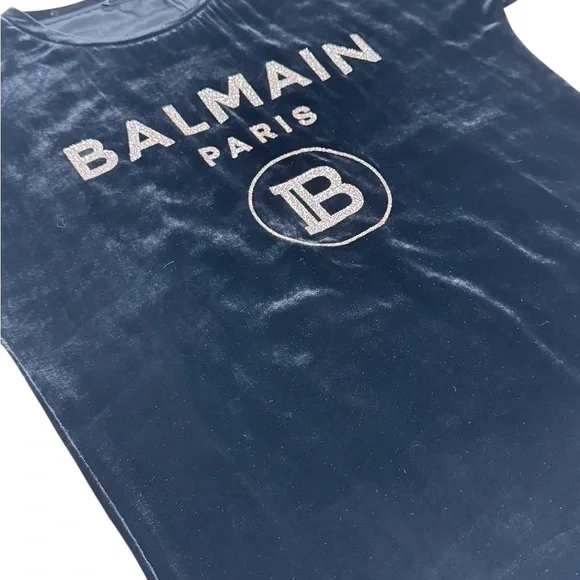 BALMAIN Black Velvet Glittered Logo Top Size 34 NWT - Picture 6 of 10